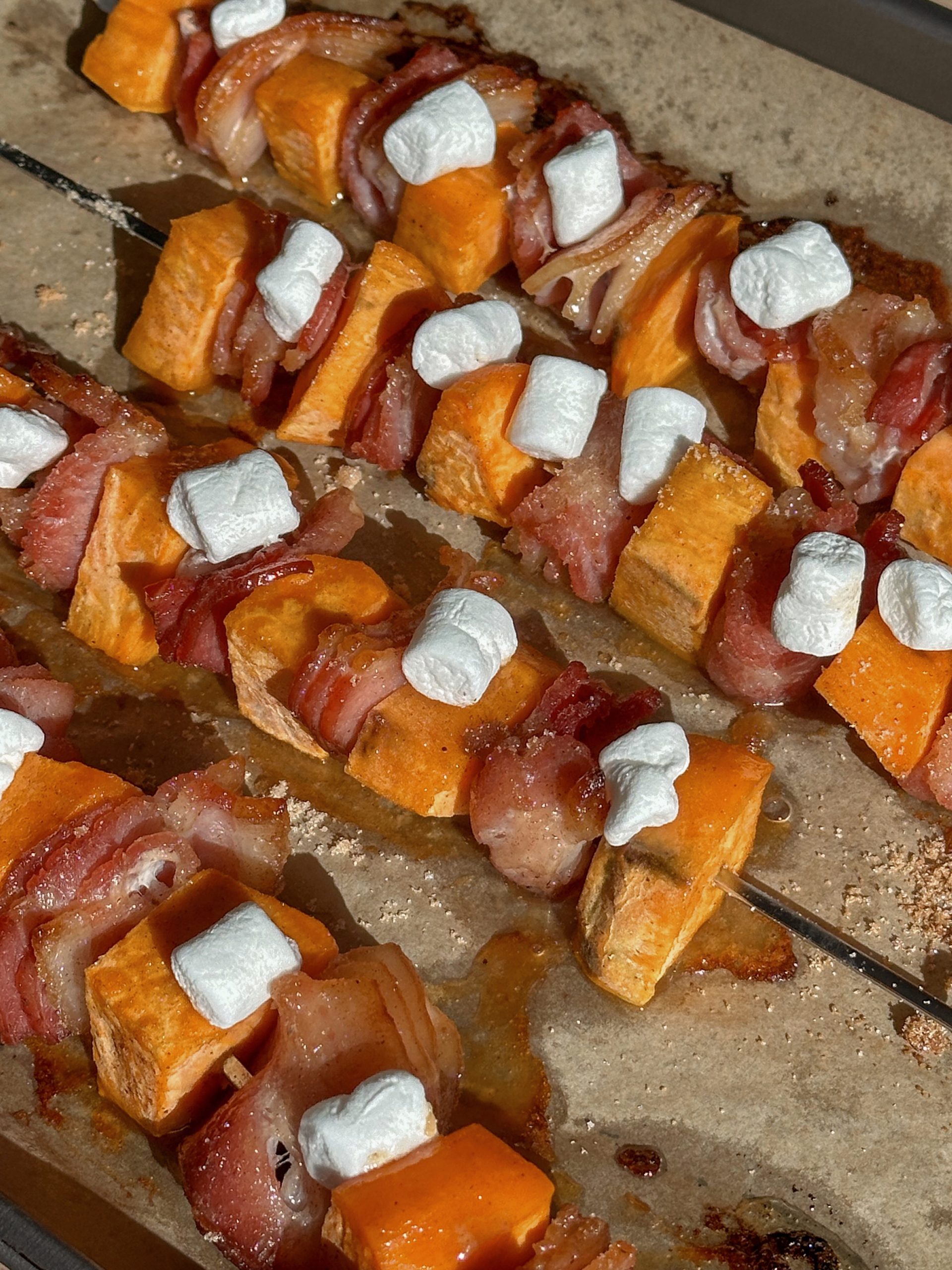 Sweet Potato Marshmallow Candied Bacon Skewers